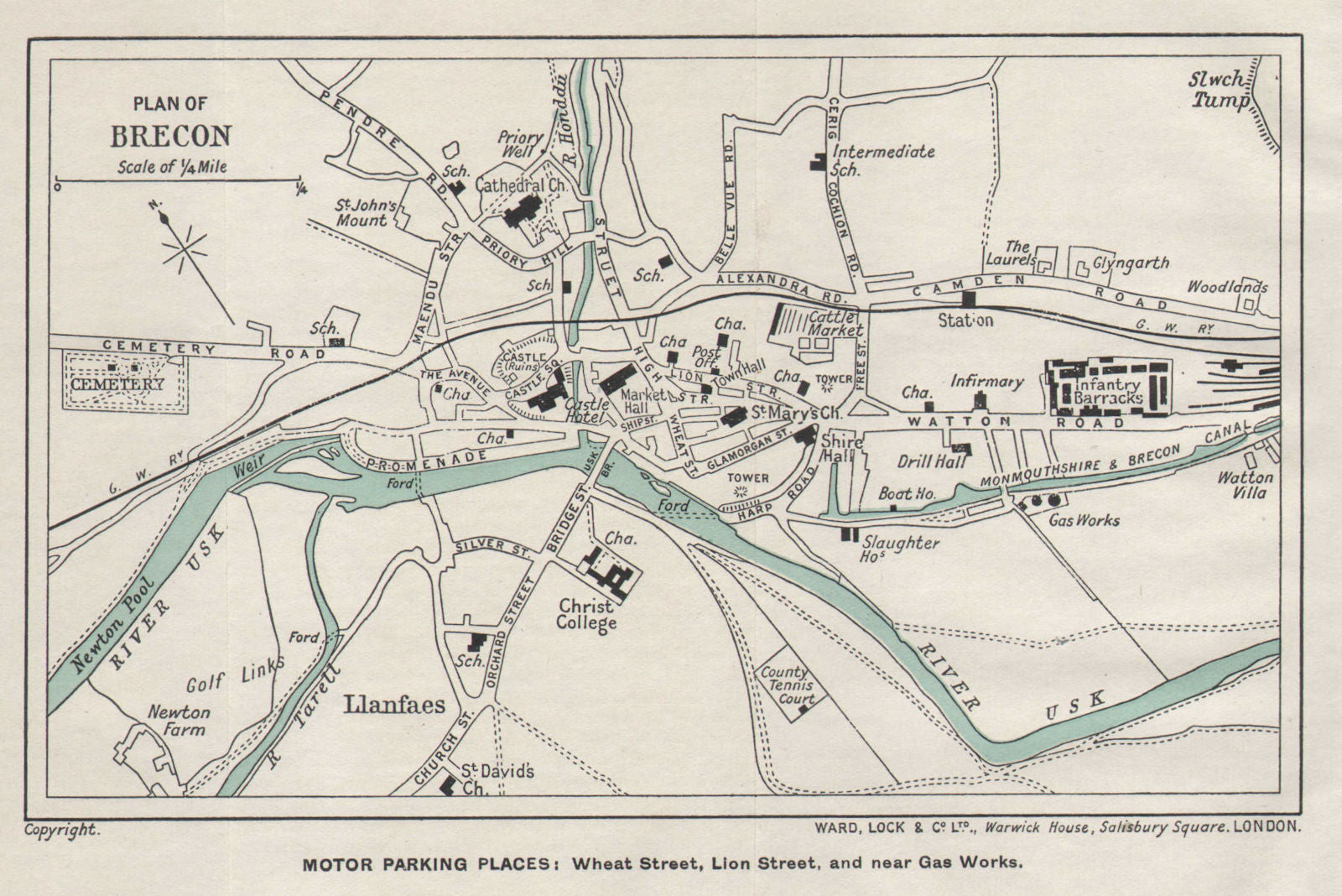 BRECON vintage tourist town city plan. Wales. WARD LOCK 1936 old vintage map